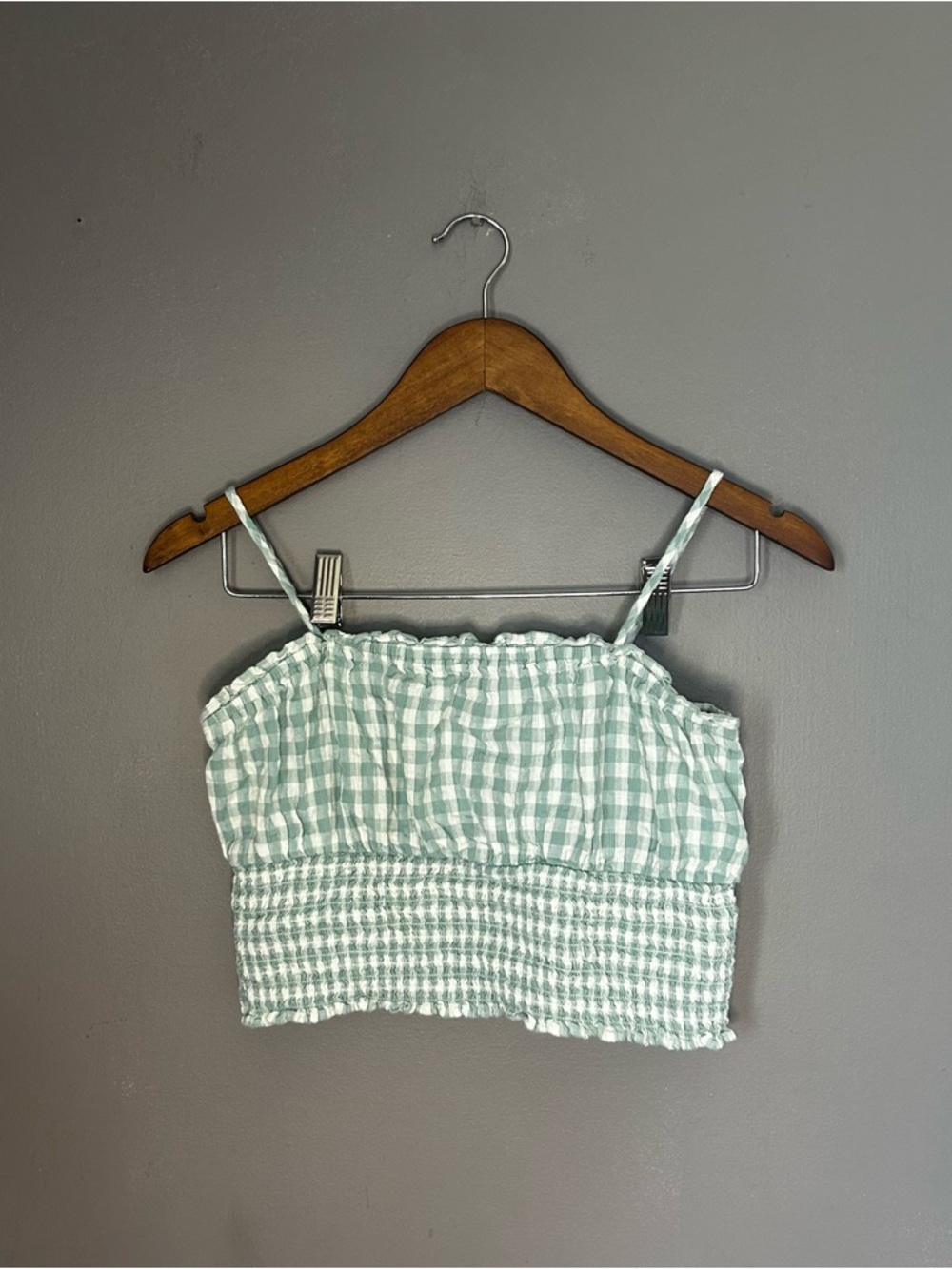 American Eagle Gingham Smocked Crop Top Green White Size Small Cottagecore